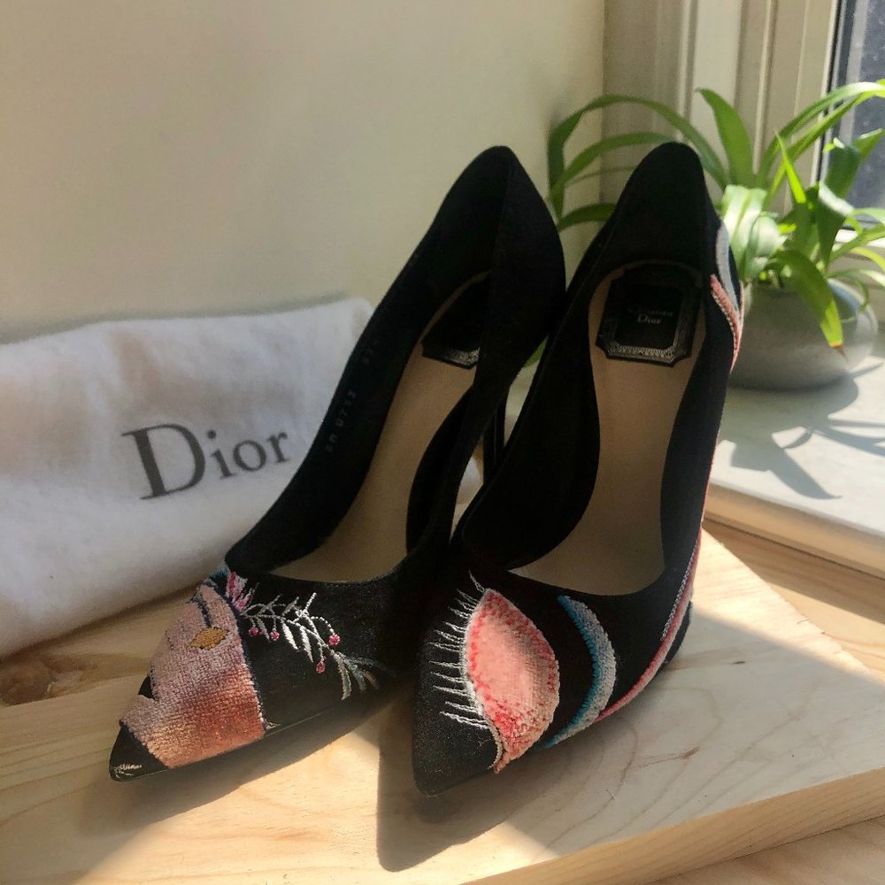Christian Dior Embroidered Pumps in Black Suede